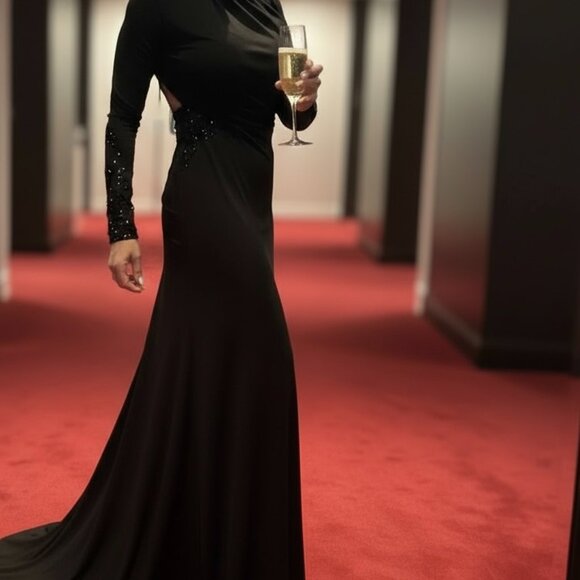 Black Backless Evening Gown – Ruched Fishtail Elegance Sz XS - Picture 2 of 14